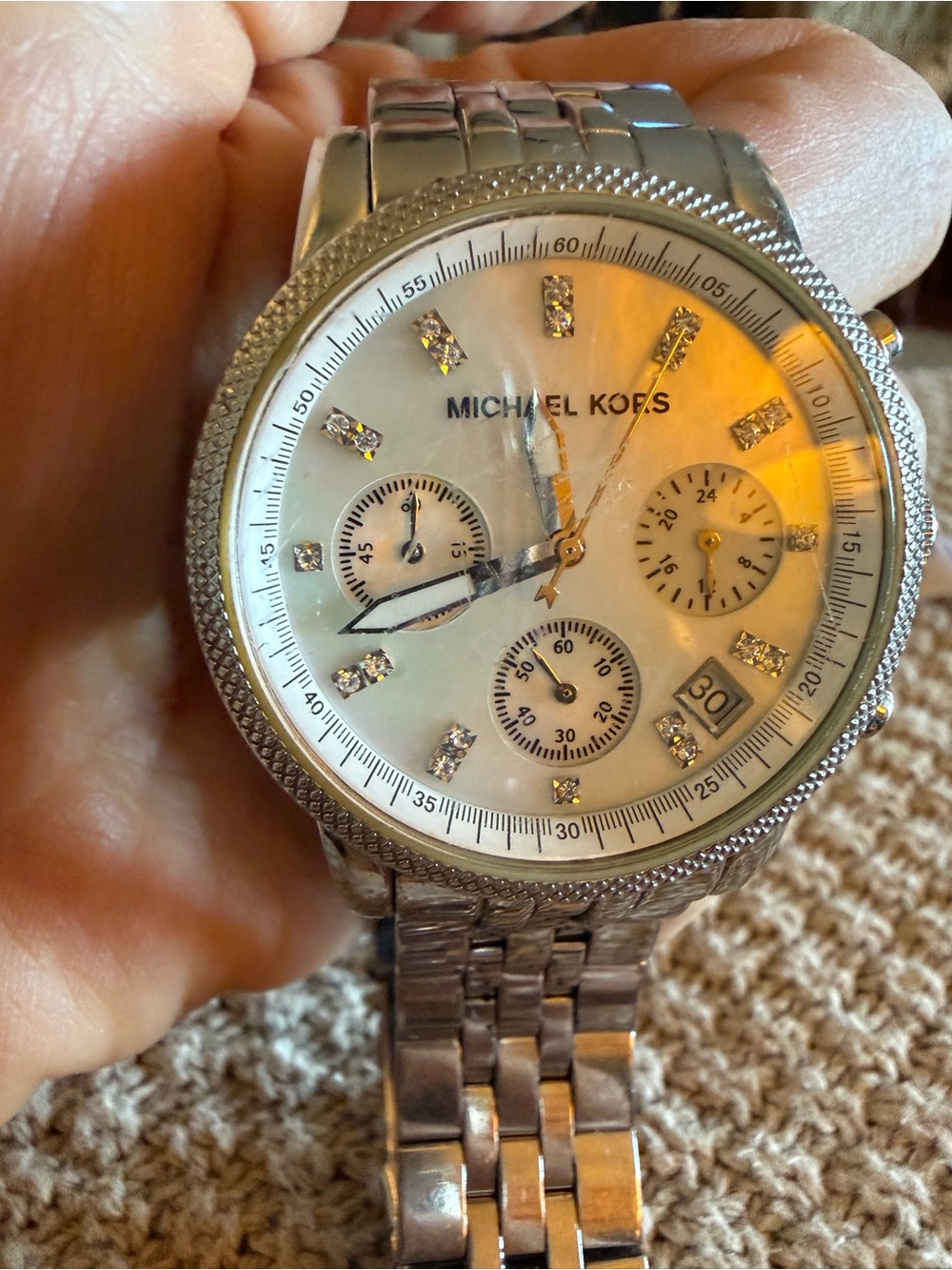 Michael Kors Silver and Mother-of-Pearl Crystal Dial Women's Chronograph Watch